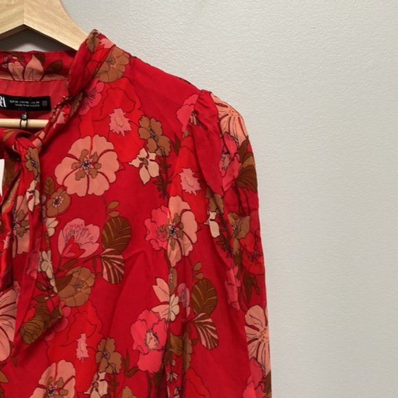 Zara Neck Tie Red Floral Long Sleeve Dress Size XS - Picture 4 of 10